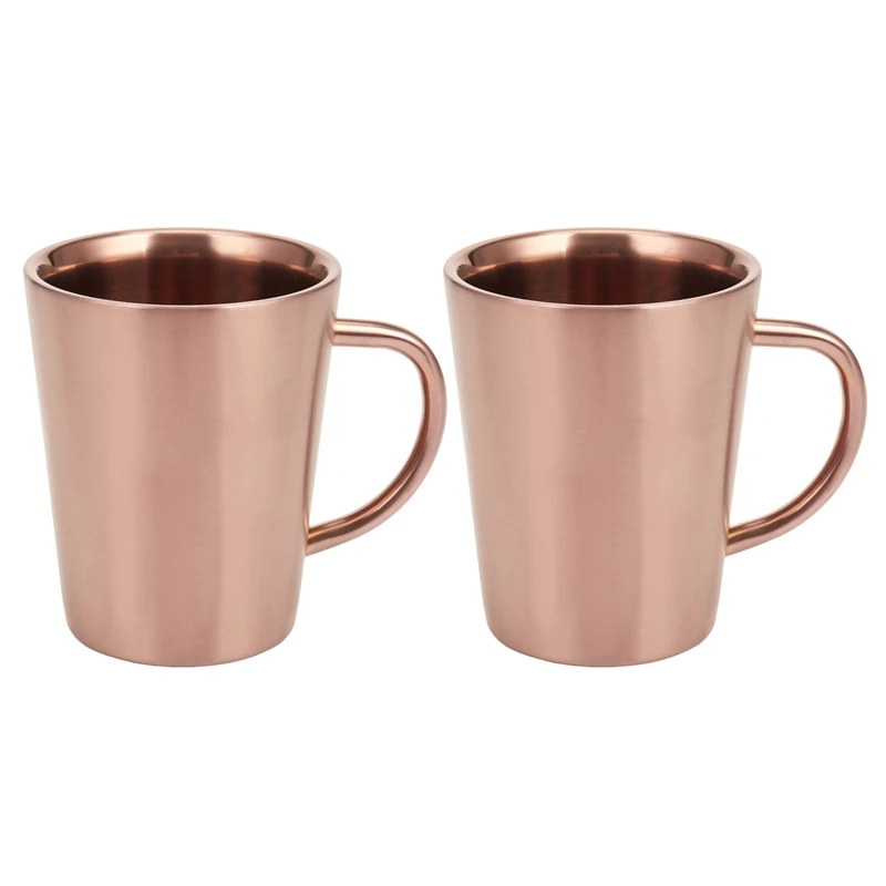 

2X 340 Ml Stainless Steel Copper Plated Coffee Cup Double Layers 304 High Temperature Resistance Milk Tea Mug Rose Gold