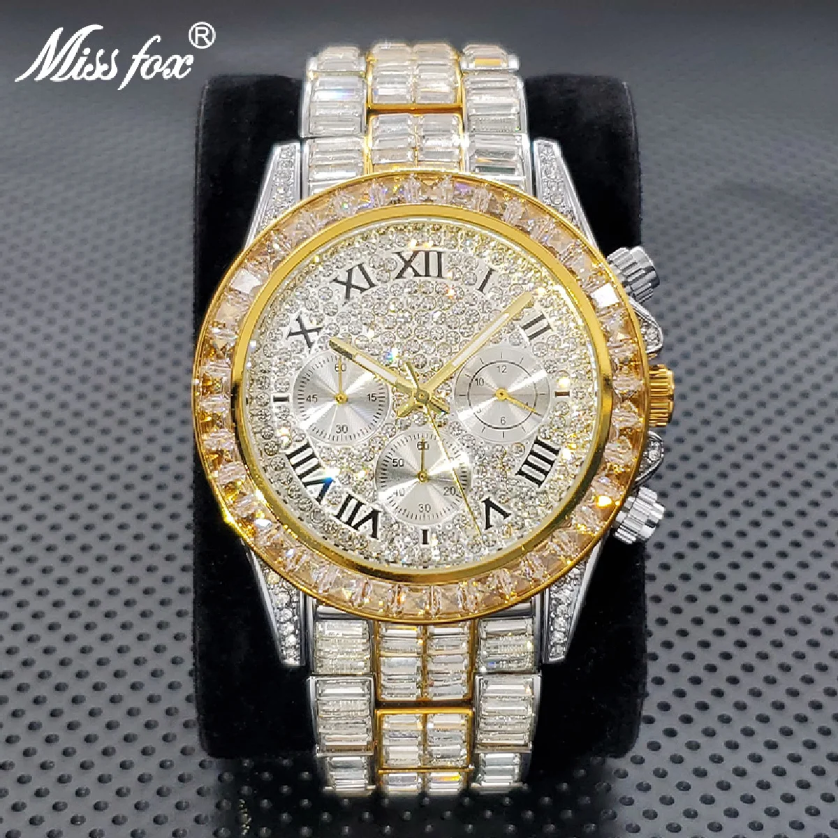 New Luxury Watches For Men High End Steel Bracelet Square Crystal Quartz Watch Hip Hop Chronograph Waterproof Man Clock Hot Sale