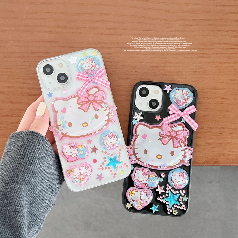 

Sanrio 3D Hello Kitty Transparent Quicksand Phone Case for IPhone 14 13 12 11 Pro Max Plus Anti-fall Y2k Girl Gift Back Cover