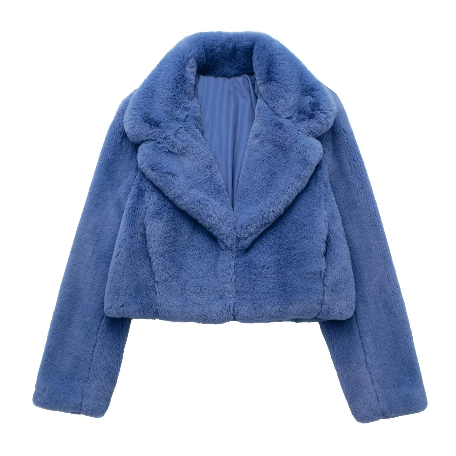 Winter Women's Blue Faux Fur Lapel Pockets Design Short Jacket Fashion Chic Warm