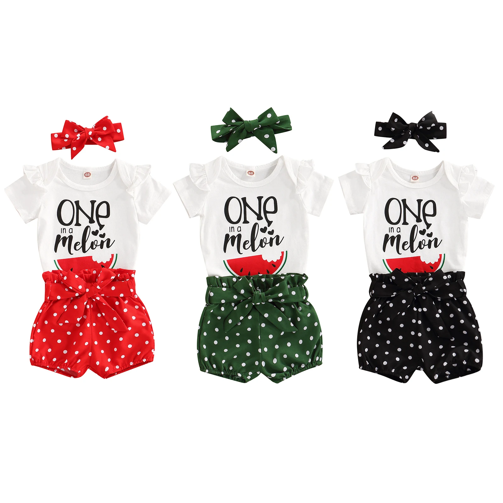 

Infant Baby Girls Three-piece Layette Letters and Watermelon Print Short Sleeve Rompe Dots Shorts and Headdress