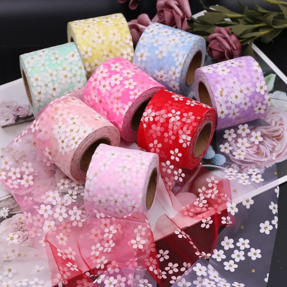 

6cm 25 Yard Floret Tulle Daisy Ribbon Roll Fabric Supplies DIY Handmade Craft Hair Ornament Baking Cherry Blossoms Printed Mesh