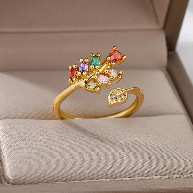 Colorful Zircon Leaves Rings For Women Stainless Steel Gold Color Adjustable Crystal Heart Rings Aesthetic Jewelry Wedding Gift
