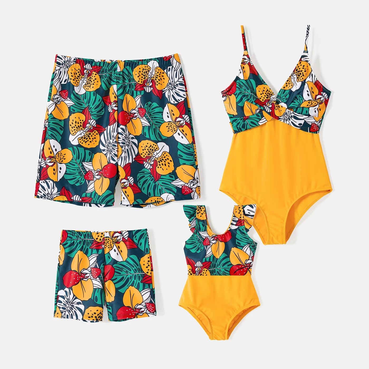 

PatPat Family Matching Swimsuits All Over Print Swim Trunks Shorts and Ruffle Splicing One-Piece Swimsuit