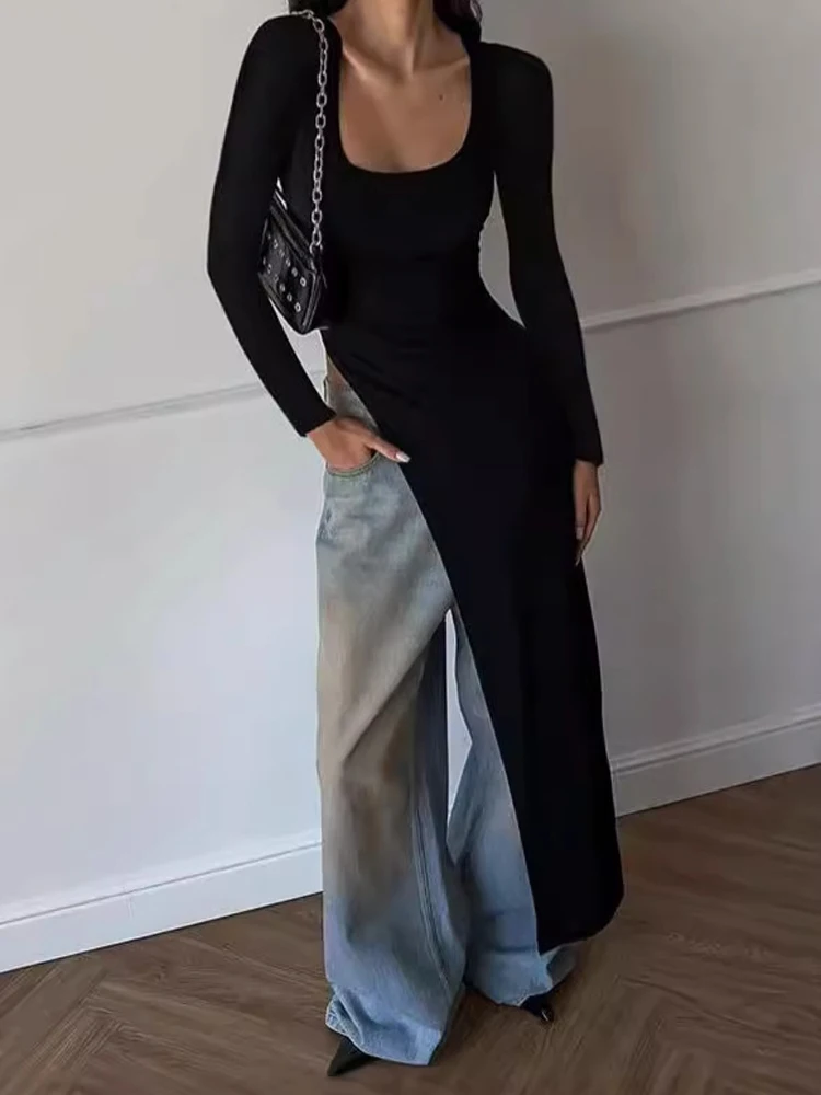 Женское платье-макси с длинным рукавом круглым вырезом и разрезом |