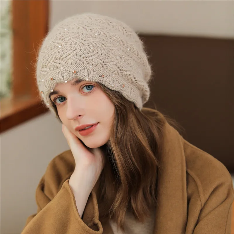 

New Women Winter Hat Rabbit Fur Blend Thick Warm Beanie Hat For Female Casual Streetwear Knitted Hat Girl Outdoor Ski Cap