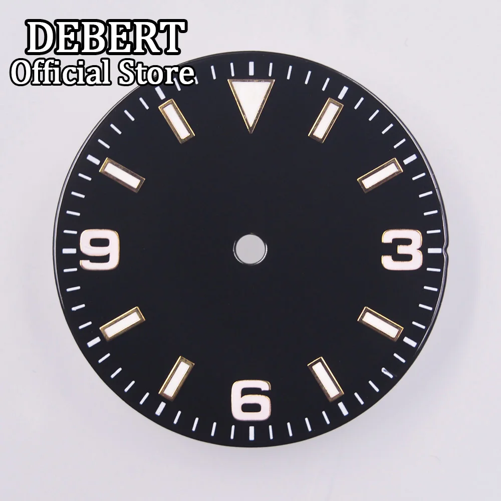 

29 мм черный стерильный циферблат подходит для NH35A NH35 автоматический механизм арабские цифры светящийся наконечник часов