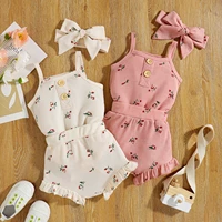 2022 summer new baby clothes set floral suspender bodysuit shorts hair band 3pcs newborn suit infant girls outfits set