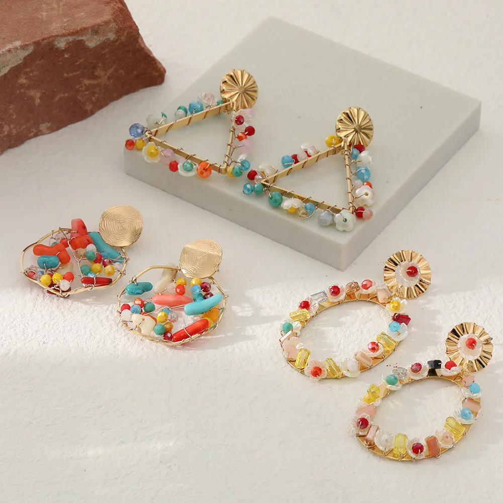 

Fashion Earrings Handmade Summer Colorful Natural Stone Beads Round Triangle Copper Metal Dangle Earrings For Womens Girls