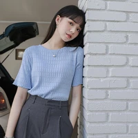 fresh wooden ear knitted short sleeved t shirt womens spring and summer new loose ice silk slim round neck blouse