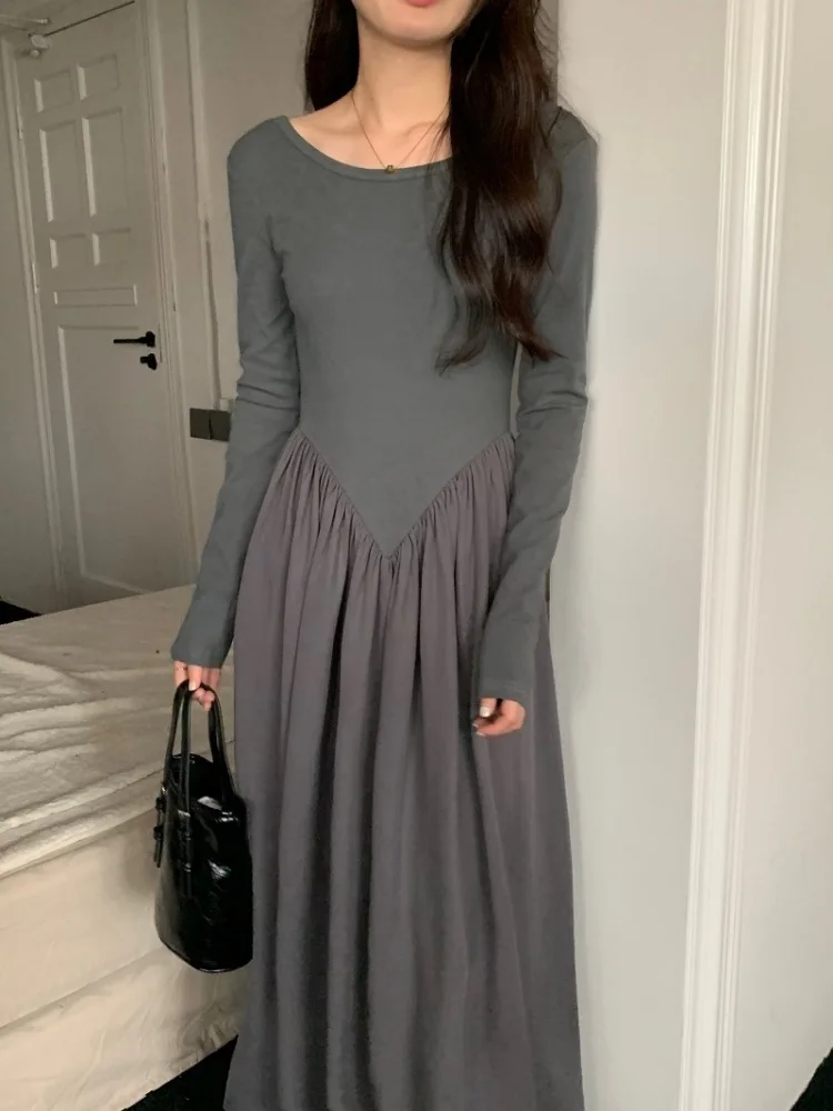 

Women's Autumn Vintage Super Long Dress Slim Fit Elastic Patchwork Full Sleeved A-line Pleated Dresses Female Floor Length