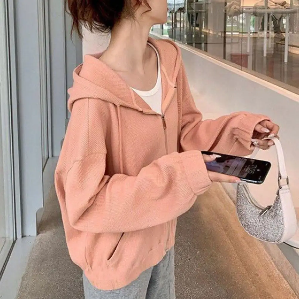 

Spring Autumn Sweatshirt Women Coat Hooded Drawstring Long Sleeve Casual Cardigan Zipper Placket Waffle Texture Thin Sport Coat
