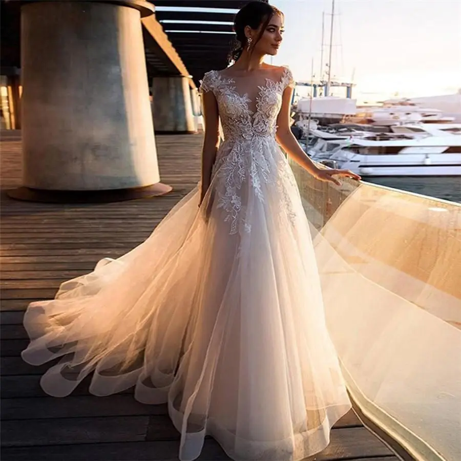 

Sheer Short Sleeves A-Line Wedding Dresses Amazing Soft Tulle Bridal Gowns Modest Long European Fashion Style Vestidos De Mariee