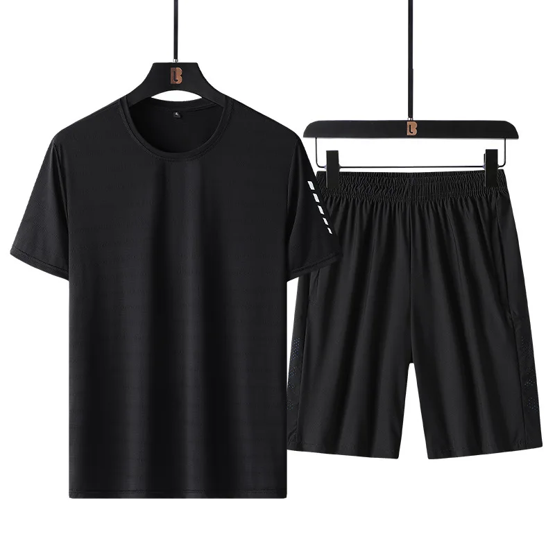 2023 Sports Set Men's Summer Thin Quick Drying T-shirt Men's Fitness Short Sleeve and Running Shorts Ice Silk Two Piece Set