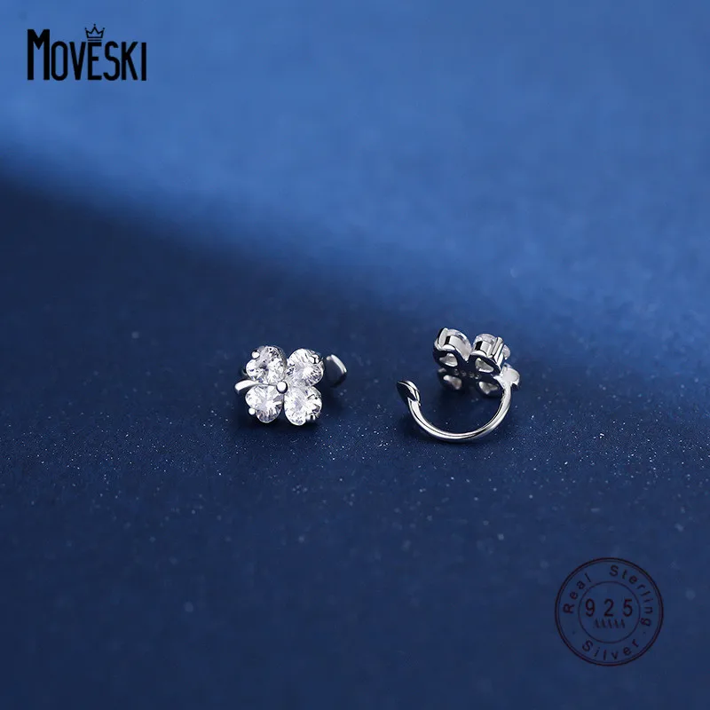 

MOVESKI 925 Sterling Silver Petite Four Petals Zircon Flower Ear Clip Earing Women Fashion Elegant Wedding Party Jewelry