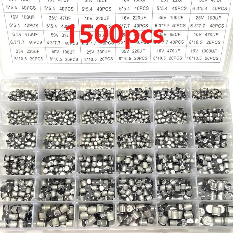 1500PCS SMD Chip Aluminum Electrolytic Capacitors Sample Box 36values Chip Aluminum Electrolytic Capacitors 1UF~1000UF 4V-60V