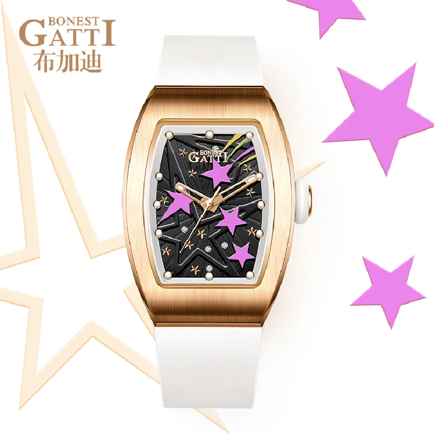 

BONEST GATTI Women Automatic Watch Luxury Lady Watches Tonneau Mechanical Wristwatch Luminous Sapphire Fluororubber Strap