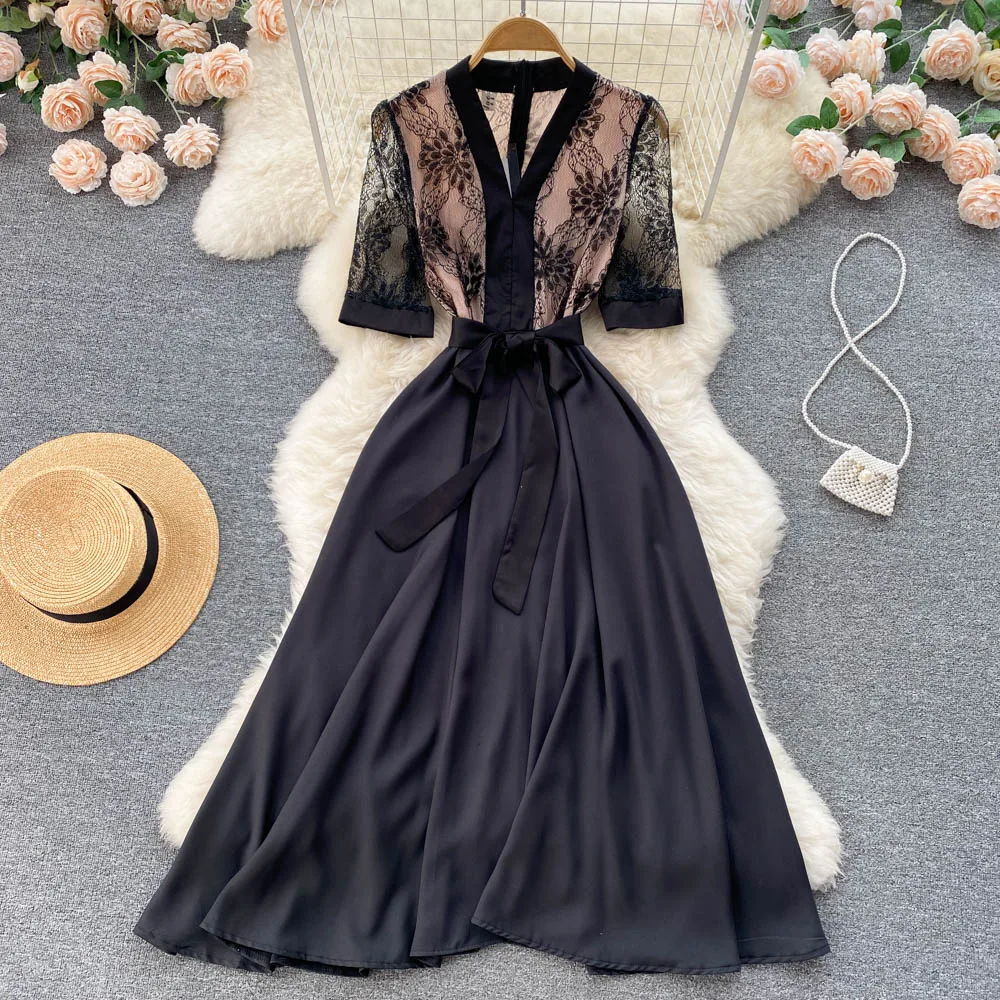 

Женское кружевное платье с коротким рукавом, свободное тонкое облегающее черное платье с V-образным вырезом, лето, E881