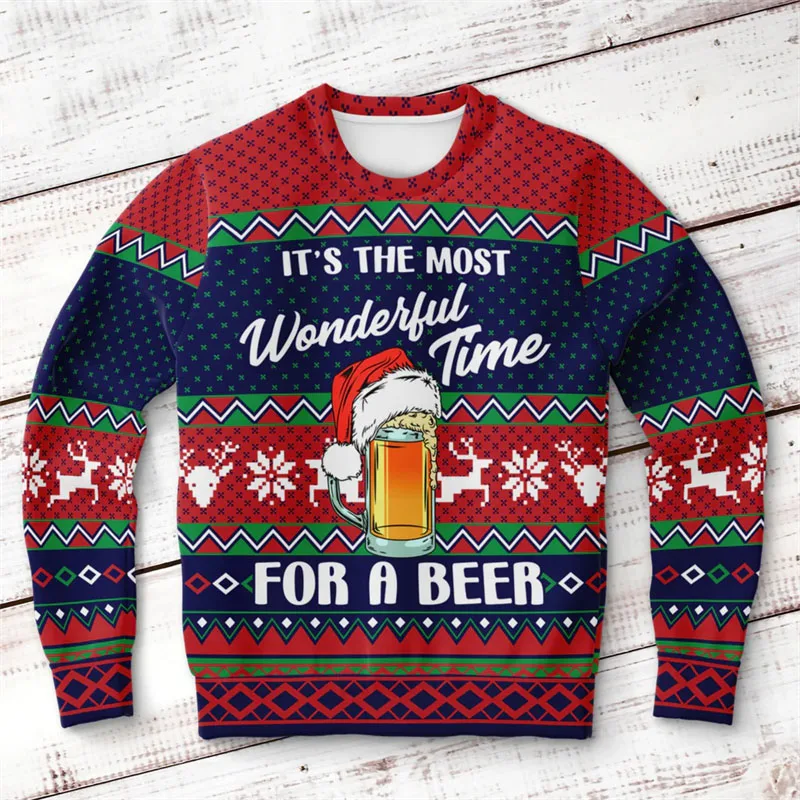 Men's Drinking Beer Sweatshirt 3D Printed Santa Gingerbread Socks Pattern Ugly Harajuku Trend Festival Gift Hoodies