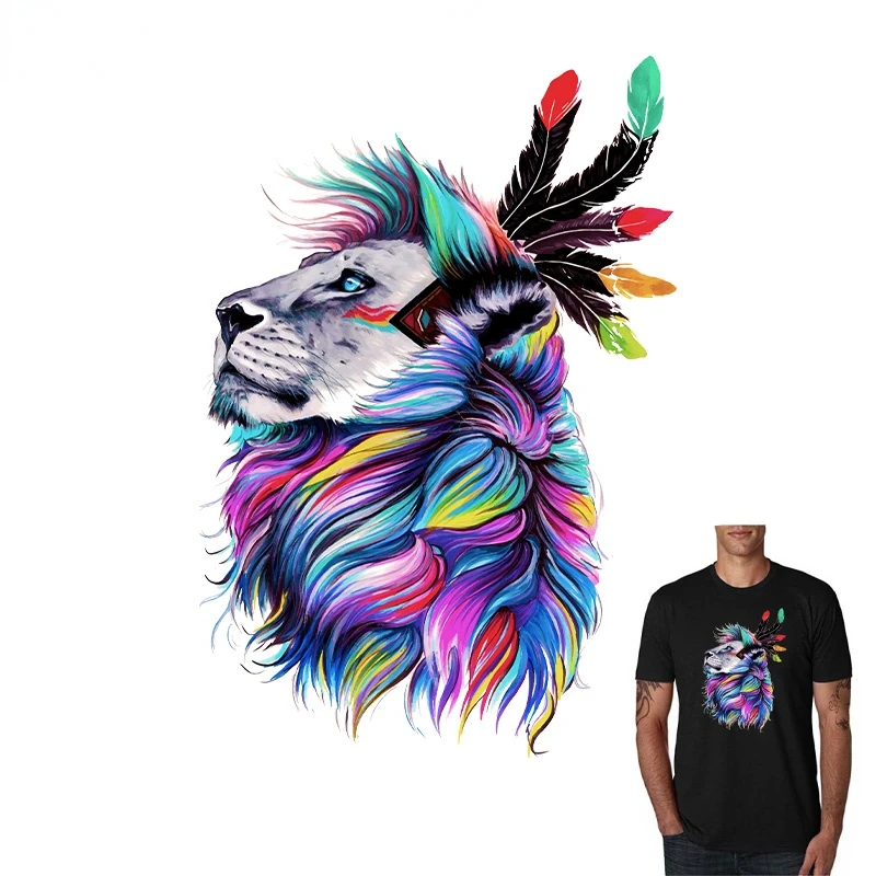 

Iron-On Transfers For Clothing Colorful Feather Thermo Sticker On Fabric Man Women Appliques On Clothes Animal Lion Patch