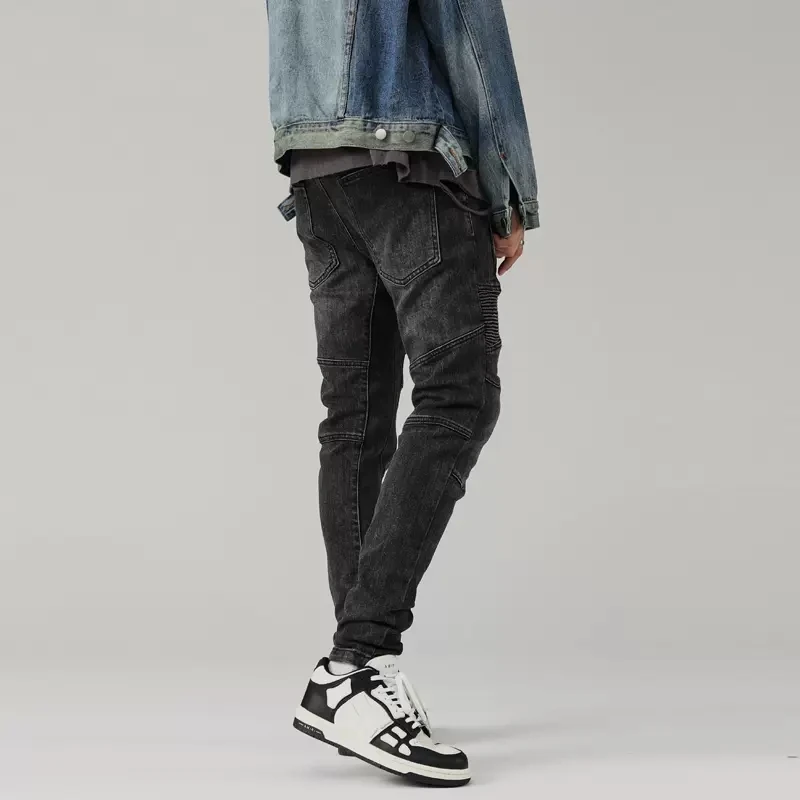 Street Fashion Men Jeans Retro Black Gray Elastic Slim Fit Spliced Biker Jeans Men Zipper Patch Designer Hip Hop Pants Hombre