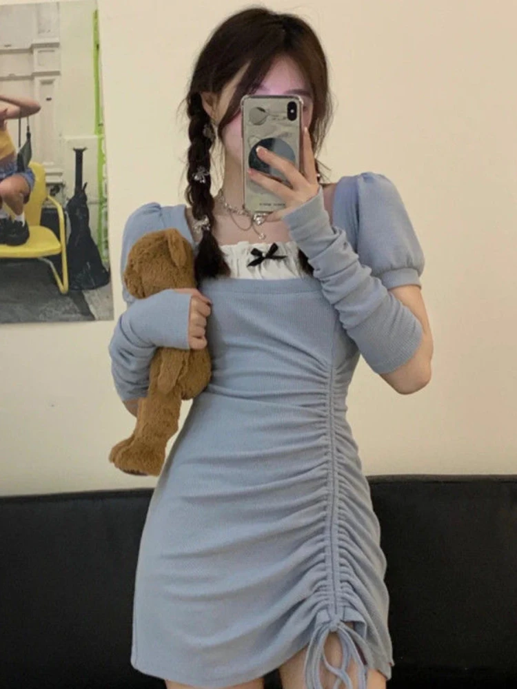 

Летнее милое платье с бантом, женское повседневное шикарное мини-платье с оборками, женское облегающее вечернее платье в Корейском стиле с ...