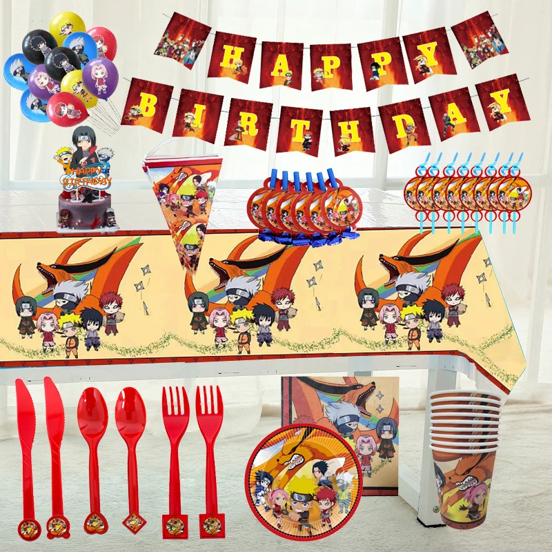 

Anime Naruto Theme Party Set Paper Plate Banner Pennant Cup Cakecard Napkin Tablecloth Cartoon Figures Gifts Birthday Decoration