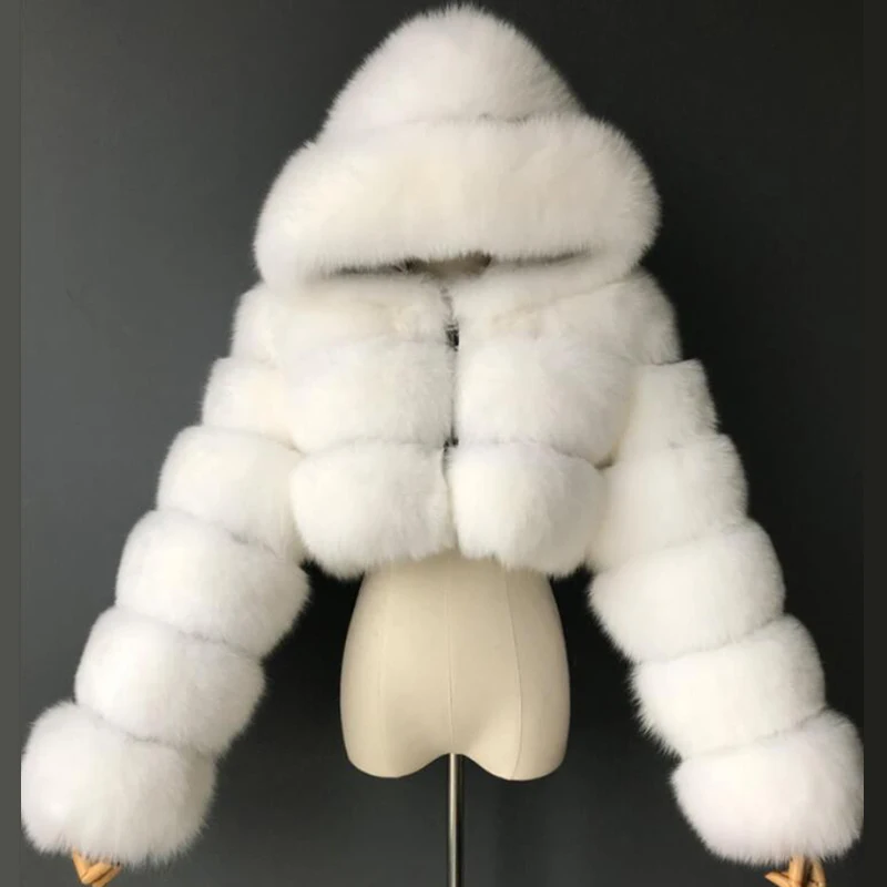 Fashion Hooded Faux Fur Coat Women 2023 Winter Thick Warm Furry Overcoat Elegant Plush Crop Jacket Femme Short Thicken Jackets