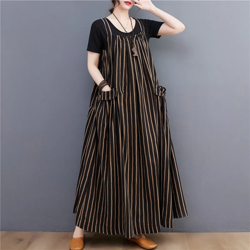

#3662 Summer Vertrical Striped Dress Women Pockets Loose Vintage A-line Dress Sleeveless Spaghetti Strap Dress Ankle-length