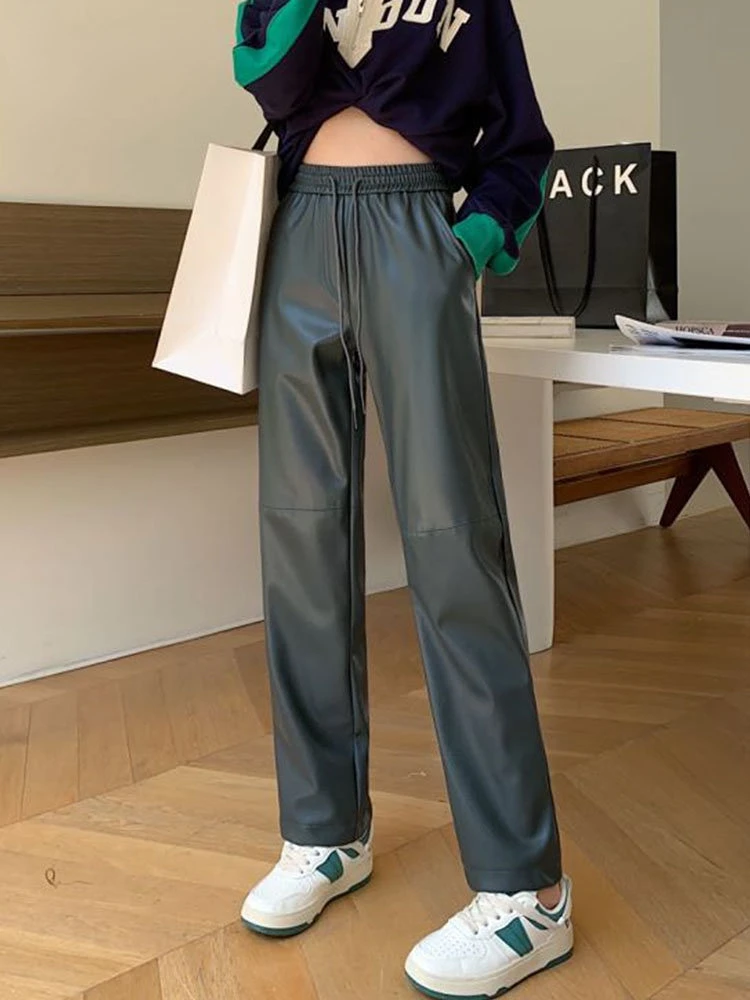 

Leather Pants Women Green Black Wide Leg Trousers Korean Style Y2k Fashion Loose Pu Baggy High Waisted Pants 2022 New