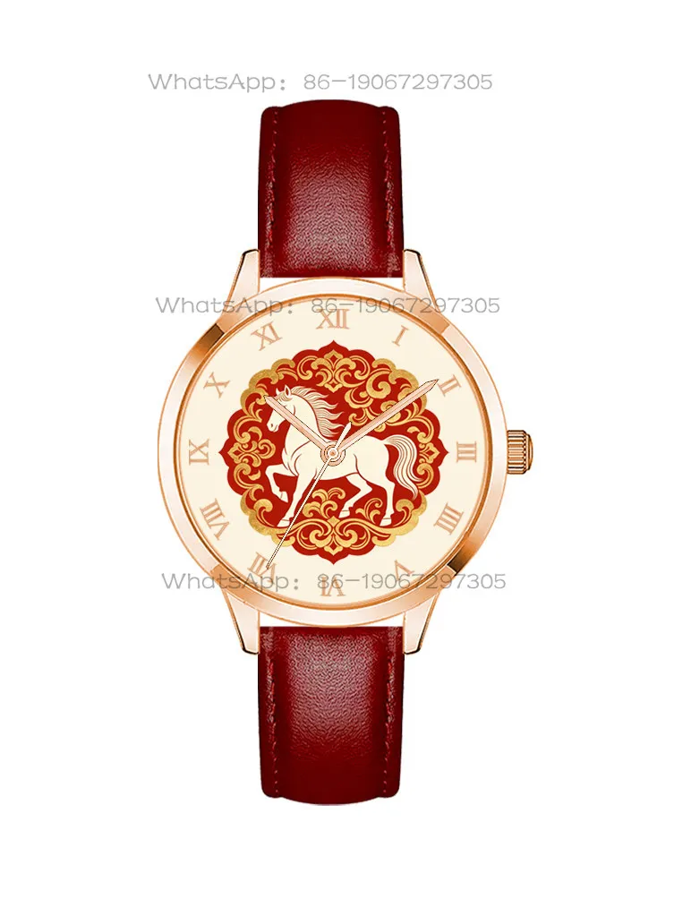 Фото Кварцевые часы Zodiac Horse Red Natal Year 2026 в новом национальном стиле, креативные, водонепроницаемые, подарок на день рождения для мужчин и женщин, пар. №1