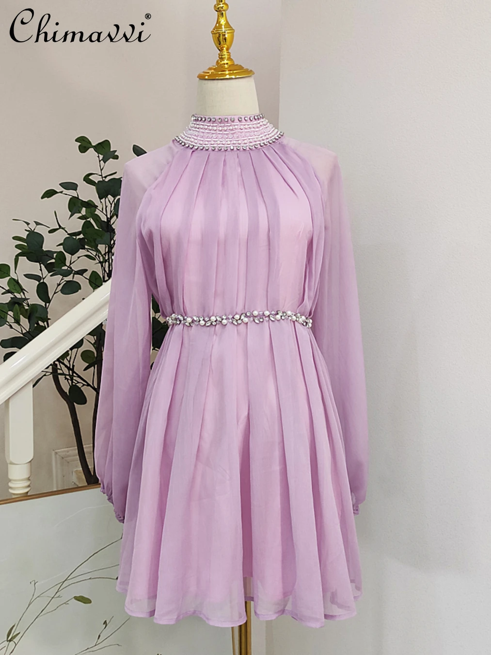 

French Diamond Beaded See-through Patchwork Puff Sleeve Short Dress 2022 Summer New High Waist Slim Elegant A- Line Women Dress
