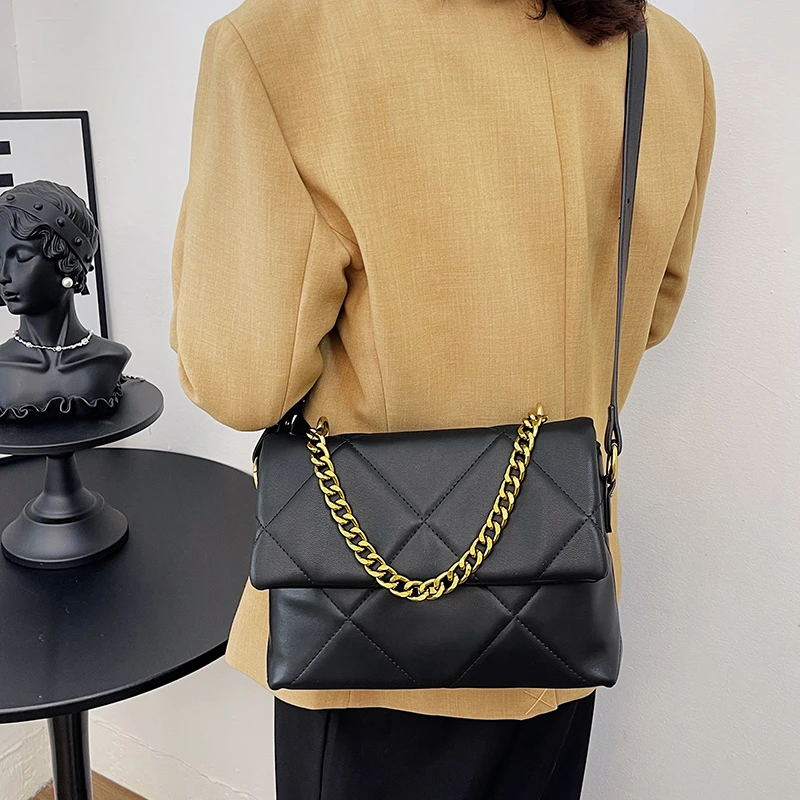

Soft PU Leather Crossbody Bags for Women Embroidery Thread Flap Bag Luxury Branded Trending Chain Shoulder Handbags Purse 2023
