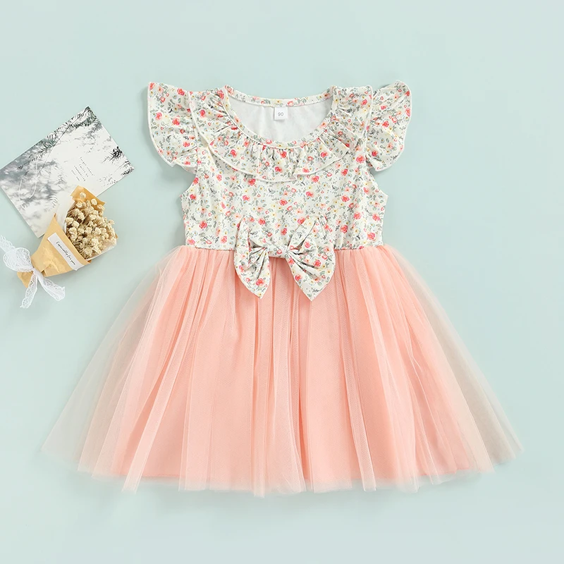 

Kids Girls Summer Dress Flower Print Round Neck Fly Sleeve Mesh Pathwork Tutu Dress with Bowknot Girls Pink Dresses 1-6 Years