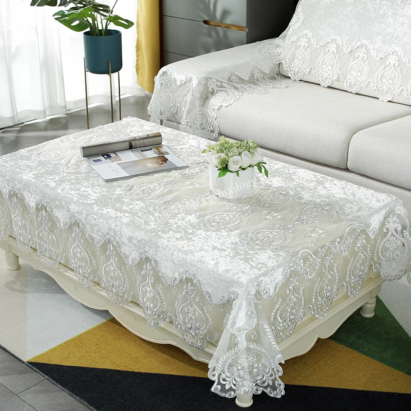 Tablecloth white Golden Velvet Europe Luxury Embroidered Table Dining Table Cover Round Table Cloth Lace Tv Cabinet Dust Cover