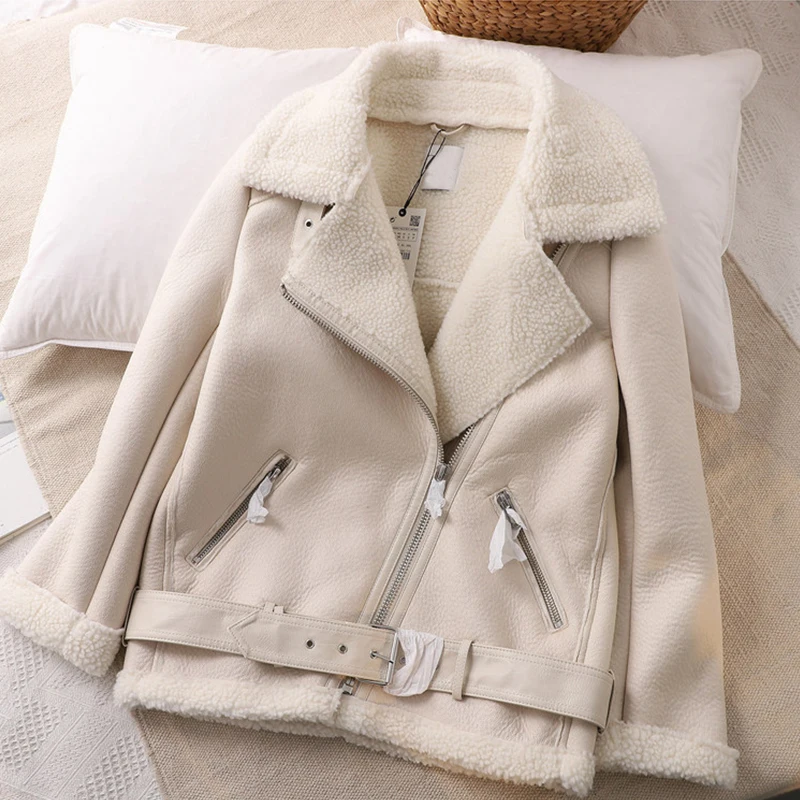 

FMFSSOM Winter Faux Leather Lambs Fur Collar Jacket Women Moto Bike Warm Wool Coat Thick Pu Coat Faux Lamb Leather Outerwear
