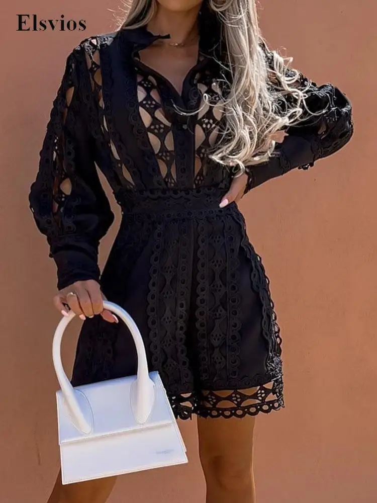 

Elegant Long Sleeve Women's Jumpsuit Fashion Single breasted Shirt Romper Overalls Casual Hollow Out Lace Shorts Beach Playsuits