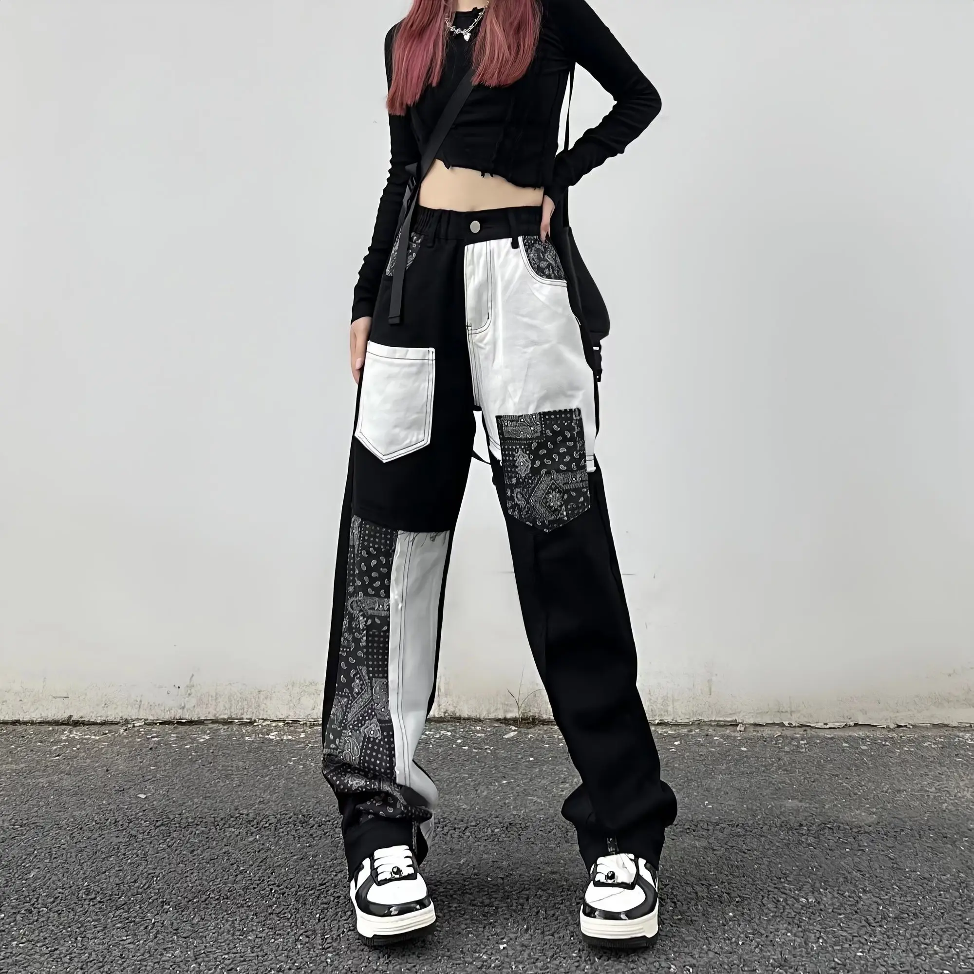 

Черные брюки-карго с цветочным принтом кешью, мешковатые джинсы Y2k с высокой талией, женская уличная одежда большого размера, повседневные Широкие джинсовые брюки в стиле Харадзюку