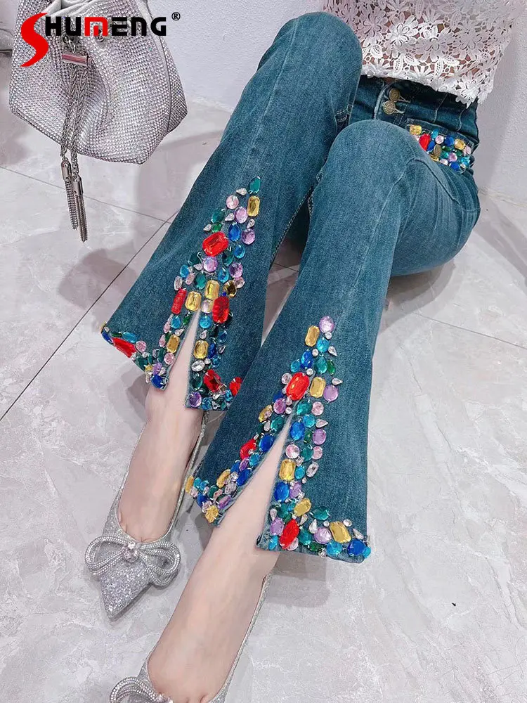 

Women Fall Korean Fashion Sweet Flared Denim Pants Ladies Fairy Elegant Luxury Colorful Crystals High Waist Slimming Slit Jeans