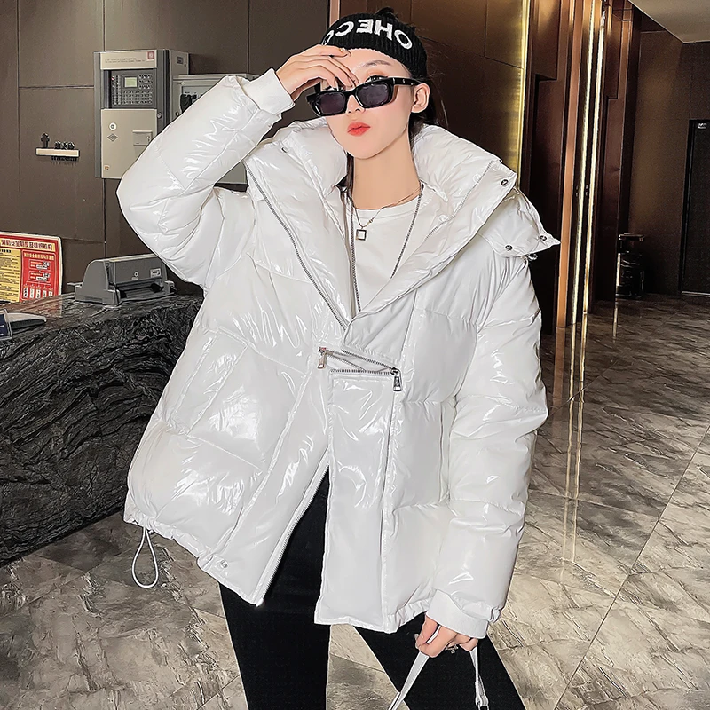 

Net Red Zipper Thick Down Cotton Coat For Women's 2022 New Winter Jacket Black/White Glossy Hooded Down Parkas Woman Loose Coats