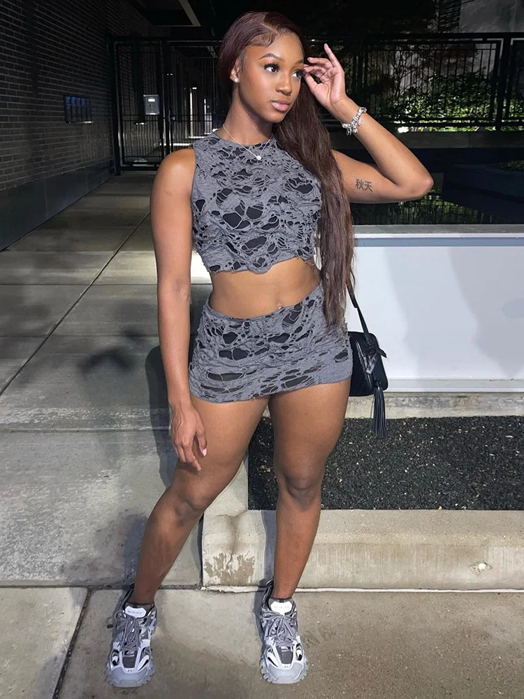 

WJFZQM ажурный кроп-топ без рукавов + мини-юбка с высокой талией, подходящий комплект, Клубная уличная одежда, наряды, женские серые комплекты и...