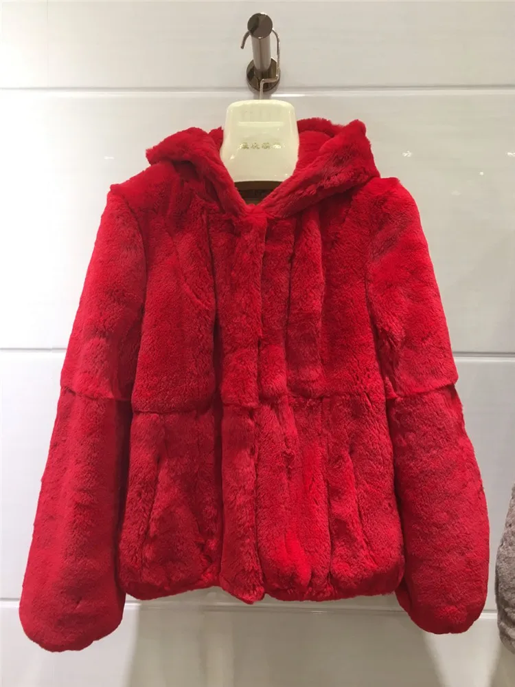 2022 Genuine Natural Real Rex Fur Coat Women's Hooded Outerwear All Fur Long Sleeves Short Style Thin Coat