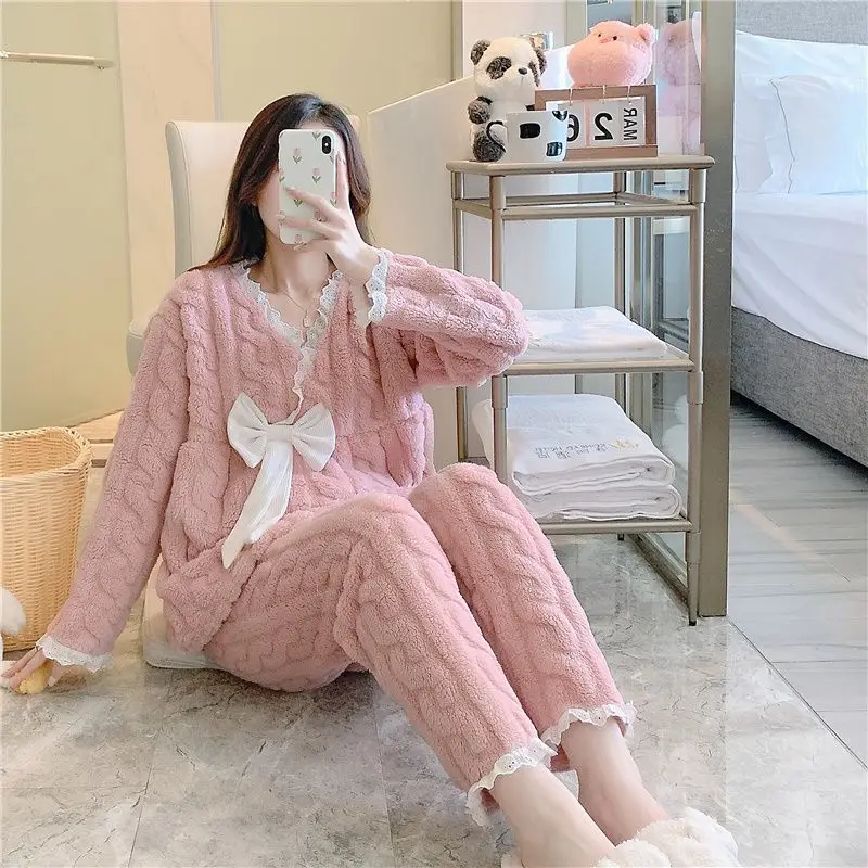 Women's Pajamas Autumn And Winter Thickened Fashionable Lapel Pajamas Suit Long Sleeve Cardigan Suit Plus Size Home Clothes