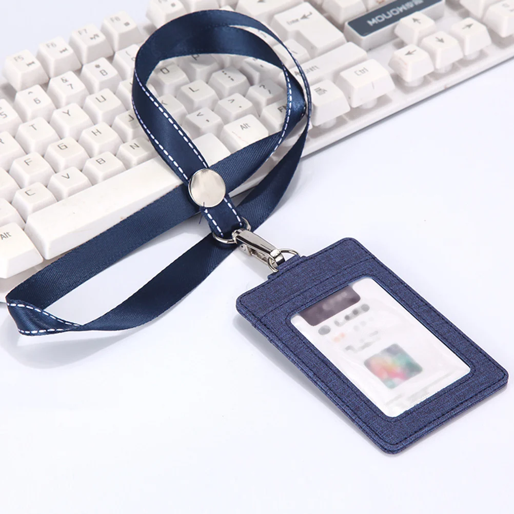 

1Pc PU Holder Creative Lanyard Certificate Cover Employee's Sleeve with Neck Strap for Office School Workers (Dark Blue)