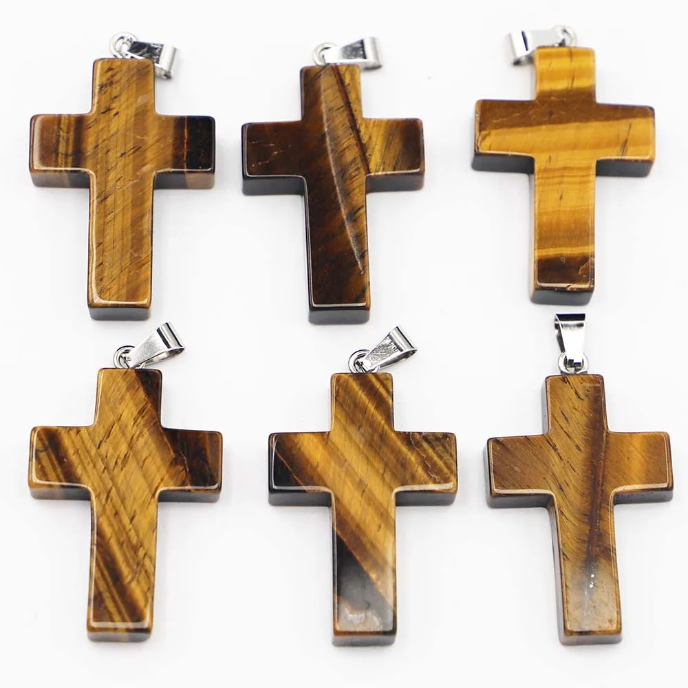 Natural Tiger's Eye Stone Crystal Cross Shape Pendants Necklaces Healing Chakra Fashion Reiki Charms Jewelry Making Earring 8Pcs