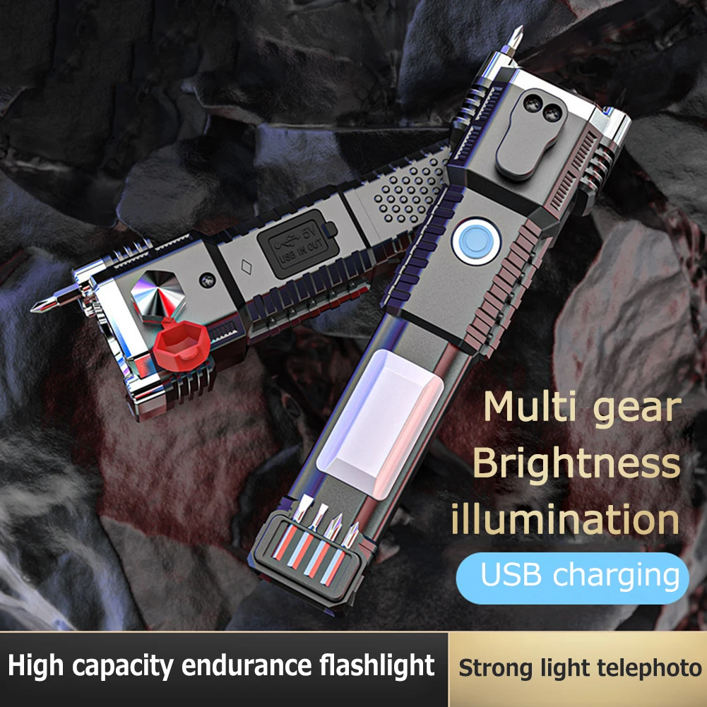 

Multifunctional Led Outdoor Lighting USB Rechargeable Adventure Lighting 4 Modes Window-breaking Lights Self-defense for Outdoor