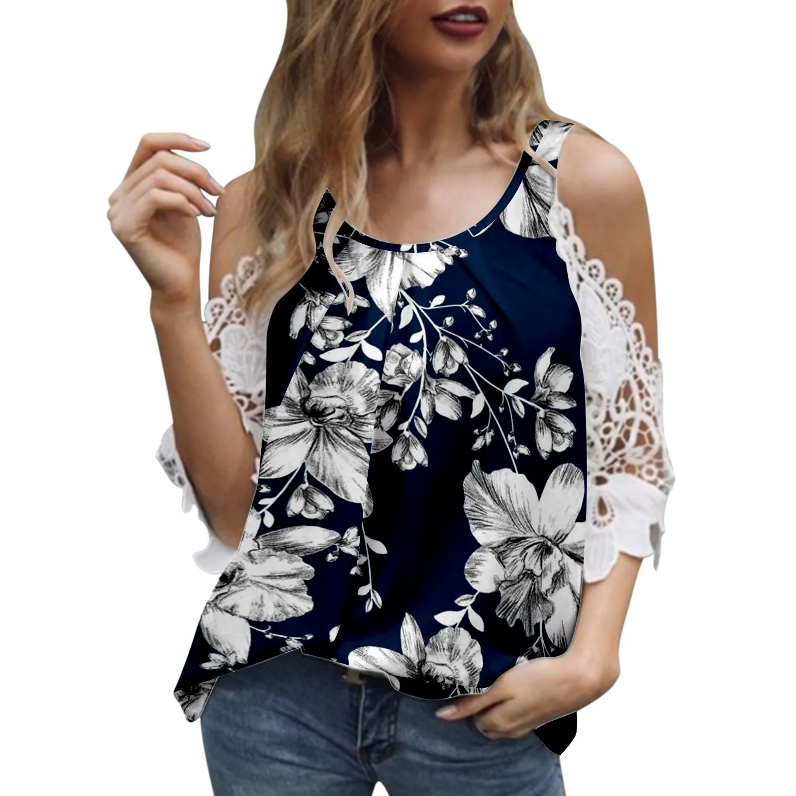 

Sexy Women Floral Blouse 2022 Summer Short Sleeve Cold Shoulder Top Shirt Woman Streetwear Blusas Tunics