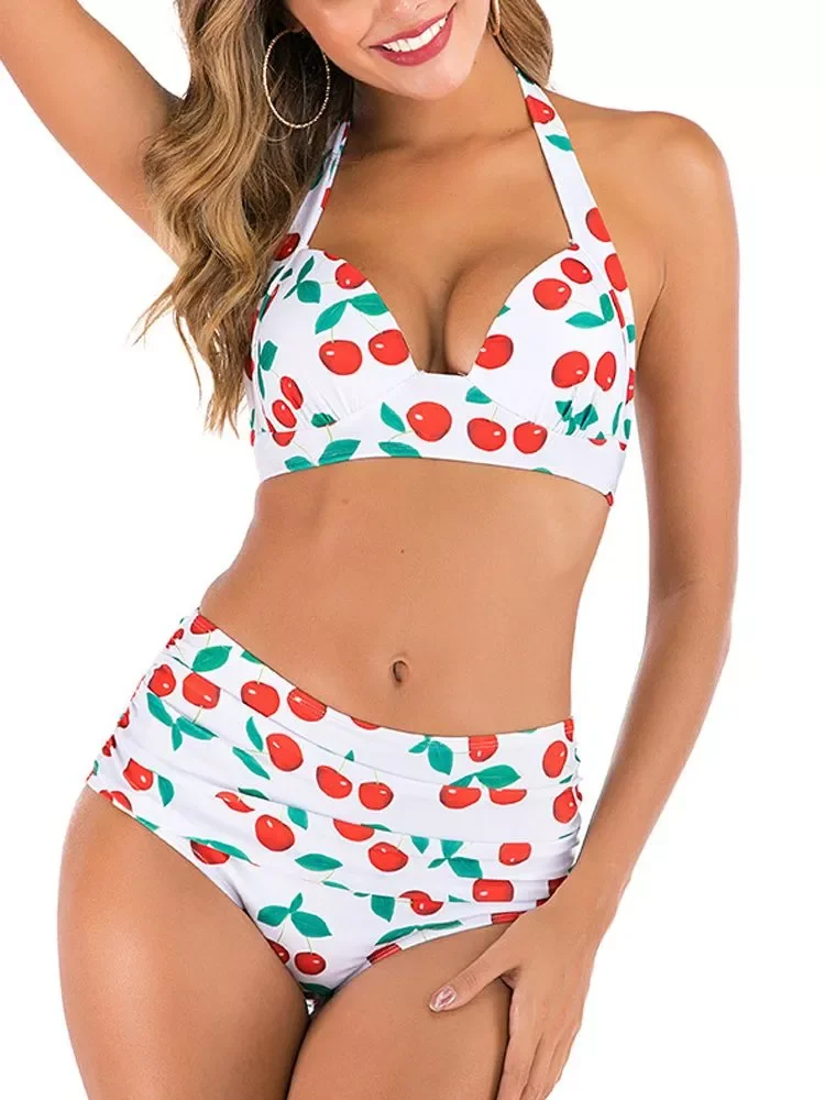 

NEW2023 бикини с высокой талией 2022, купальник с принтом вишни, женский купальник пуш-ап, женский купальный костюм с лямкой на шее, винтажный купа...