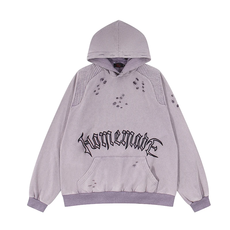 

Harajuku Hole Frayed Washed Retro Autumn Pullover Hoodies Men and Women High Street Ripped Casual Oversized Hooded Sweatshirts