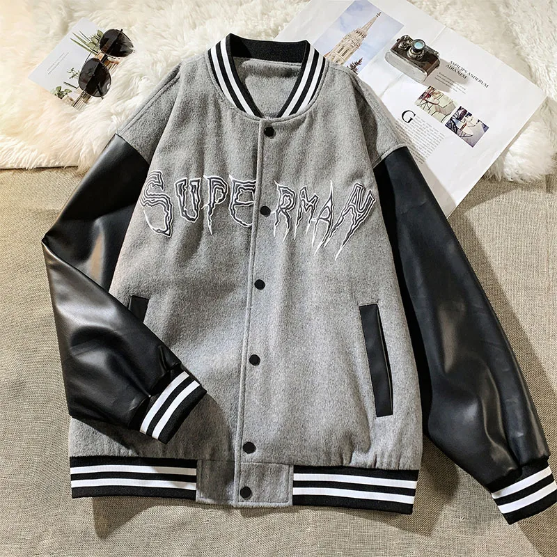 Бейсбольная кожаная куртка с буквенной вышивкой Мужская Весенняя корейская